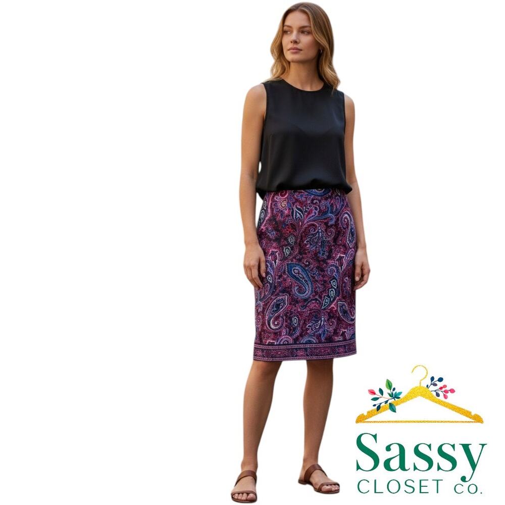 ✨ TALBOTS Blue Purple Paisley Pencil Skirt 14 Stretch Lined Office EUC 💜